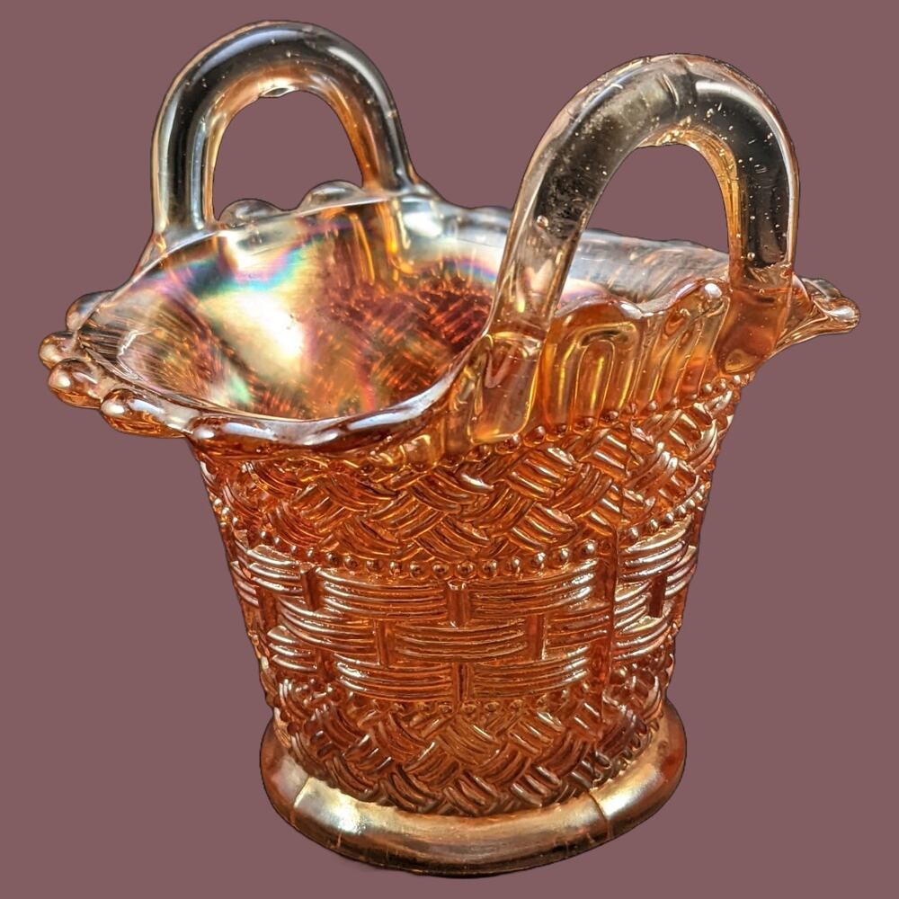 Antique 1900s Dugan Marigold Carnival Style Glass Double Handled Basket